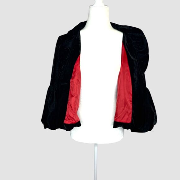 Vintage black velvet ruffled puff sleeve cropped jacket. - Picture 3 of 8